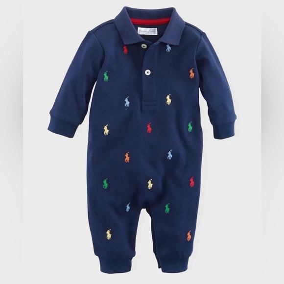 Ralph Lauren Baby Boys Polo Onesie Size 3M Navy Multi-Color Pony Embroidered - Picture 1 of 4